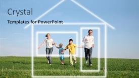  Presentation with dream - Beautiful PPT theme featuring four running to dream house backdrop and a light blue colored foreground