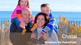  Presentation with winter family - Colorful PPT theme enhanced with family of four at the beach in winter portrait backdrop and a violet colored foreground