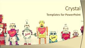  Presentation with robot - Audience pleasing PPT theme consisting of family of loving robot toys backdrop and a white colored foreground