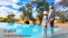  Presentation with safari - Presentation featuring family of mother and child on african safari vacation enjoying wildlife viewing standing near swimming pool background and a light blue colored foreground