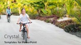  Presentation with biking - Beautiful slide set featuring family of mother and daughter biking at tropical island settings having fun together backdrop and a light gray colored foreground