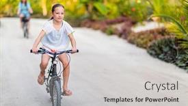  Presentation with biking - PPT layouts featuring family of mother and daughter biking at tropical island settings having fun together background and a light gray colored foreground