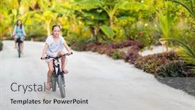  Presentation with biking - Cool new slides with family of mother and daughter biking at tropical island settings having fun together backdrop and a light gray colored foreground