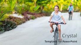  Presentation with biking - Cool new slide set with family of mother and daughter biking at tropical island settings having fun together backdrop and a lemonade colored foreground