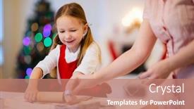 Presentation with christmas baking - Beautiful presentation design featuring family of mother and daughter baking gingerbread cookies at home on christmas eve backdrop and a coral colored foreground