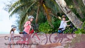  Presentation with biking - Slide set having family of mother and kids biking at tropical beach having fun together background and a coral colored foreground