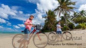  Presentation with biking - PPT theme featuring family of mother and son biking at tropical beach having fun together background and a coral colored foreground
