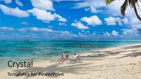  Presentation with biking - Slide set enhanced with family of mother and son biking at tropical beach having fun together background and a soft green colored foreground