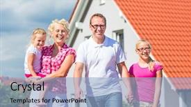  Presentation with children parents - Audience pleasing theme consisting of family of parents and children standing proud in front of home backdrop and a light blue colored foreground