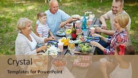  Presentation with members - Colorful presentation theme enhanced with family of six members sitting backdrop and a  colored foreground