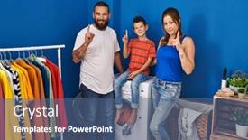 Presentation with laundry room - PPT theme enhanced with family-of-three-at-laundry background and a ocean colored foreground