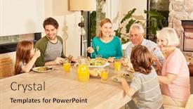  Presentation with dining table - Theme enhanced with family-of-three-generations-having background and a coral colored foreground