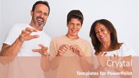  Presentation with father son hands - Audience pleasing slide set consisting of family of three mother father and son standing over white isolated background disgusted expression displeased and fearful doing disgust face because aversion reaction with hands raised annoying backdrop and a coral colored foreground