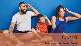  Presentation with far away - Presentation theme featuring family-of-three-sitting background and a coral colored foreground