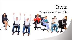  Presentation with ikan mackarels line up - Slide deck enhanced with family office - chairs in line busy staff background and a  colored foreground