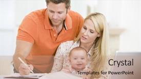  Presentation with dining - Colorful PPT layouts enhanced with family office - couple and baby in dining backdrop and a coral colored foreground