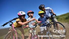  Presentation with biking - PPT layouts featuring family on a biking day parents pointing at scenery background and a violet colored foreground