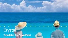  Presentation with beach toys on sand - PPT theme consisting of family-on-beach-two-year background and a teal colored foreground