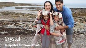  Presentation with family - PPT theme featuring family on beach with blankets background and a  colored foreground