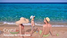  Presentation with old couple - PPT theme having family on beach with inflatable ring and toys young couple with three year old boy summer family vacation sithonia greece background and a coral colored foreground