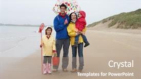  Presentation with umbrella - Slide deck with family on beach with umbrella background and a coral colored foreground