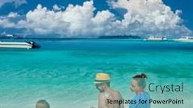  Presentation with sun rise back ground - Presentation design featuring family-on-beach-young-couple background and a teal colored foreground