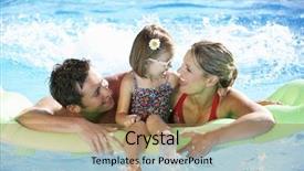  Presentation with pool restaurant family - Presentation design featuring family on holiday in swimming background and a coral colored foreground