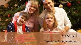  Presentation with family tree - Presentation enhanced with family opening christmas present in front of tree background and a coral colored foreground