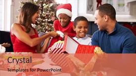  Presentation with christmas presents - Slide deck enhanced with family opening christmas presents background and a coral colored foreground