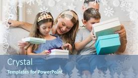  Presentation with family tree - Colorful presentation enhanced with family opening gifts on sofa against fir tree forest and snowflakes backdrop and a ocean colored foreground