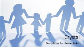  Presentation with cutout paper people standing around globe holding hands - Colorful slide set enhanced with family paper chain cutout holding backdrop and a light blue colored foreground
