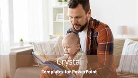  Presentation with baby book - PPT theme featuring family parenthood and people concept - happy father and little baby boy with book at home background and a tawny brown colored foreground