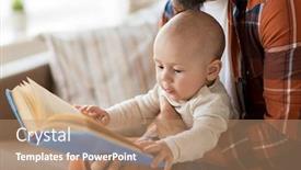  Presentation with baby book - PPT theme featuring family parenthood and people concept - happy father and little baby boy with book at home background and a coral colored foreground