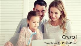  Presentation with restaurant family - Amazing theme having family parenthood technology and people concept - happy mother father and little girl with tablet pc computer having dinner at restaurant backdrop and a soft green colored foreground