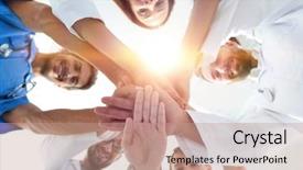  Presentation with team hands - PPT theme featuring family partnerships - bottom view a team background and a coral colored foreground