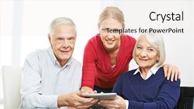  Presentation with computer network - PPT theme featuring family partnerships - happy senior couple with granddaughter background and a sky blue colored foreground