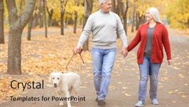 Presentation with dog park - Amazing slide set having family pedigree - mature couple walking their dog backdrop and a coral colored foreground