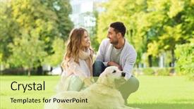  Presentation with family pet - PPT theme enhanced with family pet animal and people concept - happy couple with labrador retriever dog walking in city park background and a yellow colored foreground