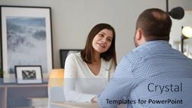 Presentation with family photo - Beautiful presentation design featuring family photo of happy wife and husband sitting at table backdrop and a light blue colored foreground