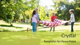 Presentation with family day - Colorful slide set enhanced with grass picnic - family placing blanket in park backdrop and a yellow colored foreground