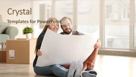  Presentation with floor plan - Theme featuring family planning cartonized - young couple with house plan background and a  colored foreground