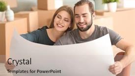  Presentation with floor plan - Amazing theme having family planning cartonized - young couple with house plan backdrop and a  colored foreground