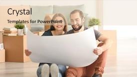 Presentation with floor plan - PPT layouts consisting of family planning cartonized - young couple with house plan background and a  colored foreground