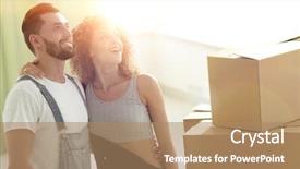  Presentation with buying a house - Cool new slides with family planning cartonized - young happy couple moving buying backdrop and a  colored foreground
