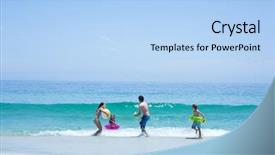  Presentation with sea shore - Beautiful PPT theme featuring family playing at sea shore against blue sky backdrop and a light blue colored foreground