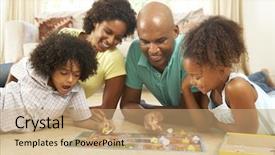  Presentation with board game - Colorful slide set enhanced with family playing board game backdrop and a coral colored foreground