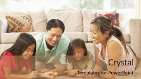  Presentation with family playing board game - PPT theme with family playing board game background and a coral colored foreground