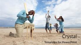  Presentation with cricket - Audience pleasing PPT theme consisting of family playing cricket on beach backdrop and a coral colored foreground