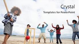  Presentation with beach ball - Theme consisting of family playing cricket on beach background and a sky blue colored foreground