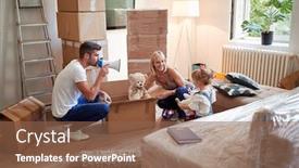  Presentation with new beginning - Colorful presentation enhanced with family-playing-in-new-apartment backdrop and a tawny brown colored foreground